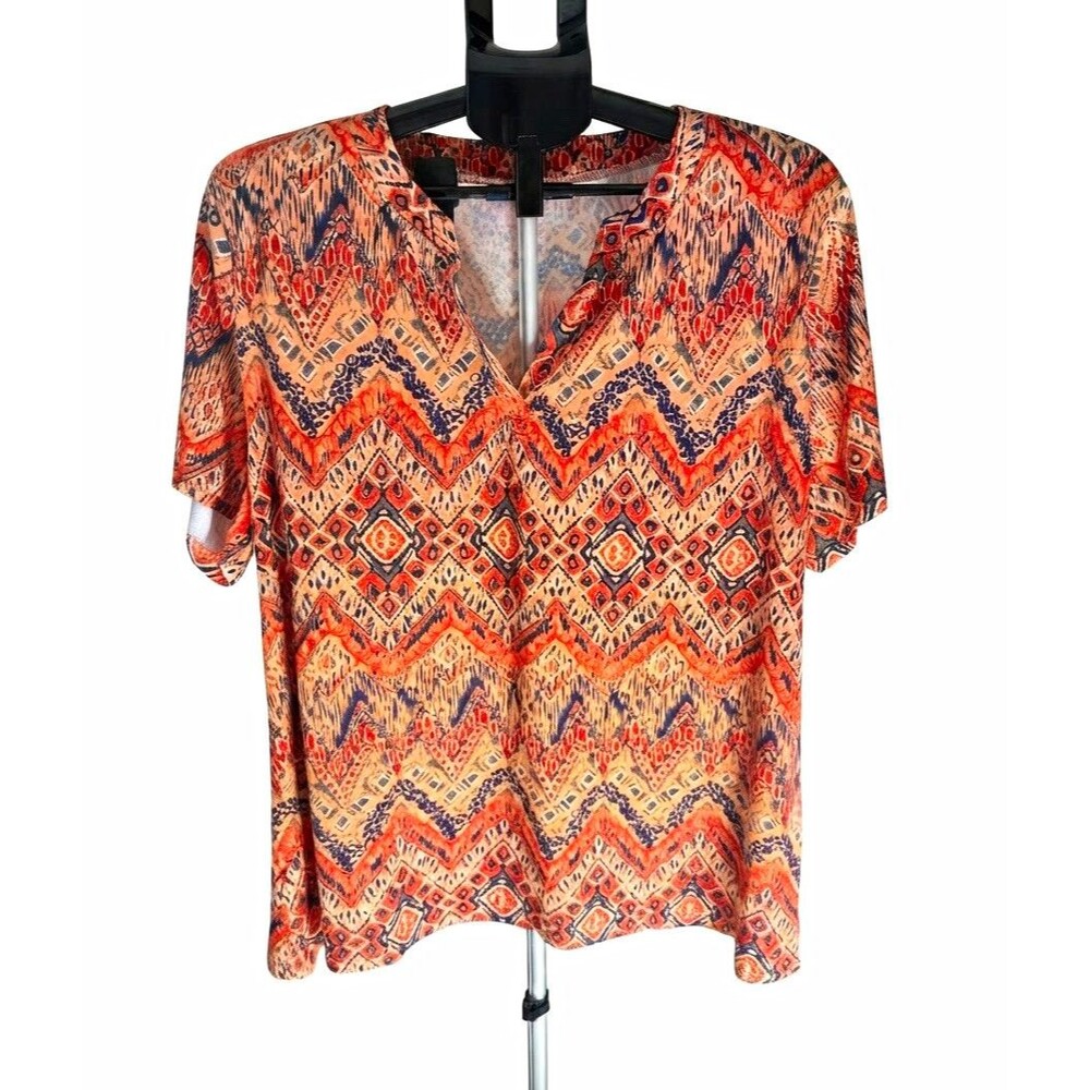 Womens 3XL Top Blouse Short Sleeve Orange Aztec Geometric Boho V Neck